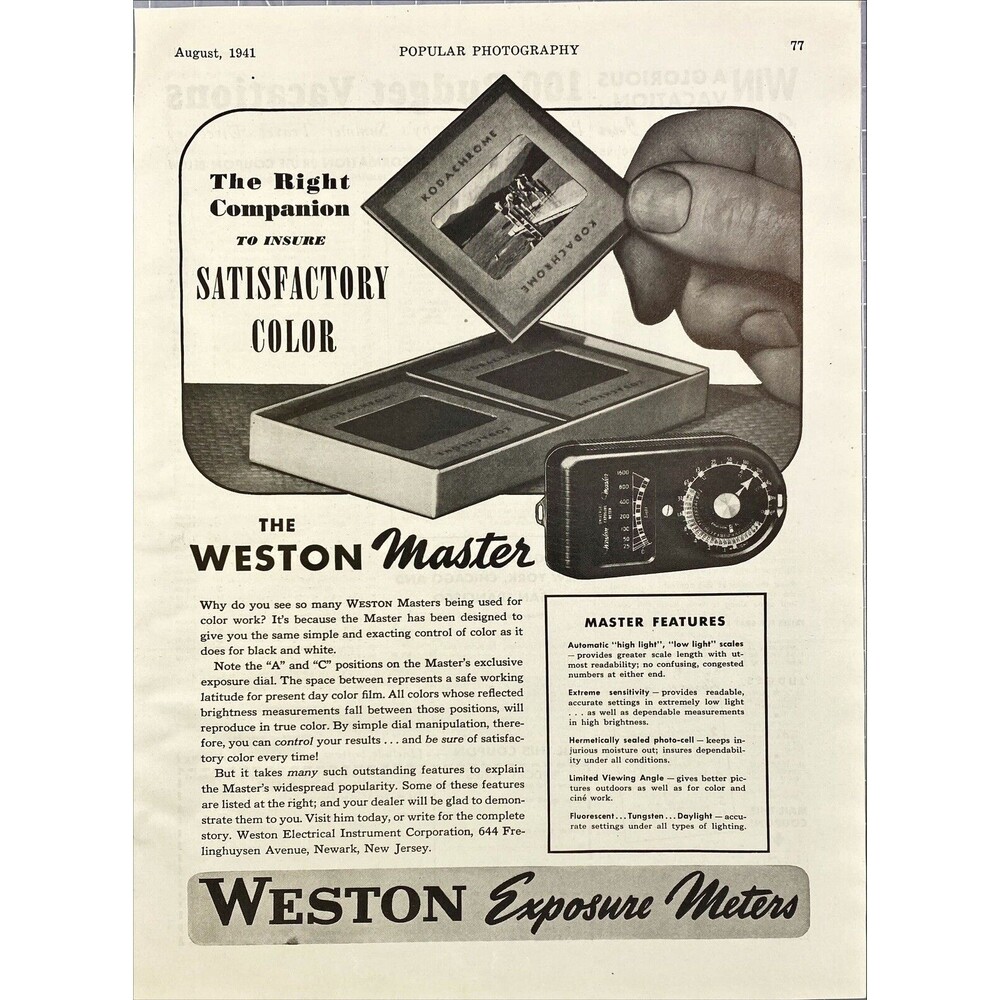 Weston Exposure Meters The Companion to Insure Satisfactory Color" Print Ad 1941